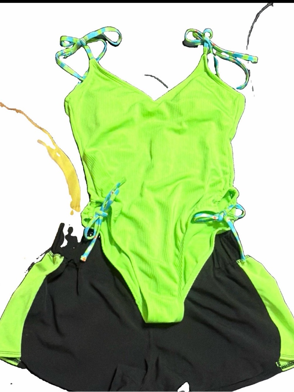 Kids Neon Green One-Piece Swimsuit with Black Swim Shorts Size M
